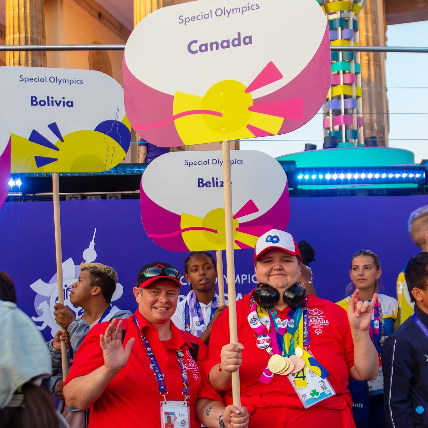 Swimming coach Jackie Powell, left, 2023 Special Olympics World Games