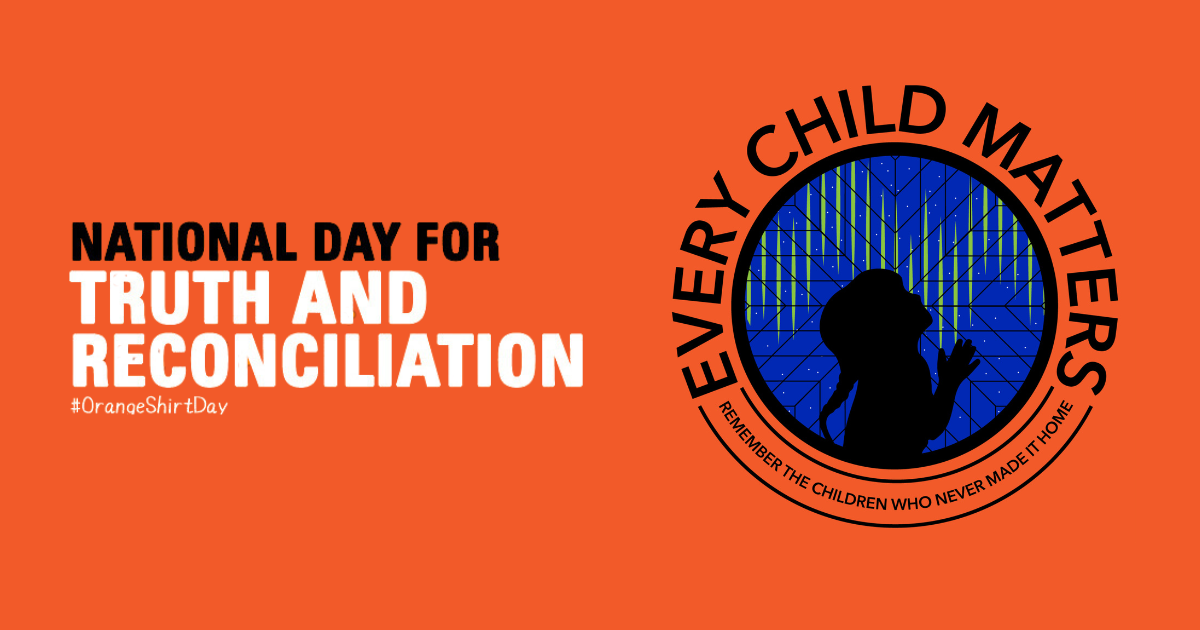Graphic with Indigenous designed 'Every Child Matters' logo and words National Day for Truth and Reconciliation.