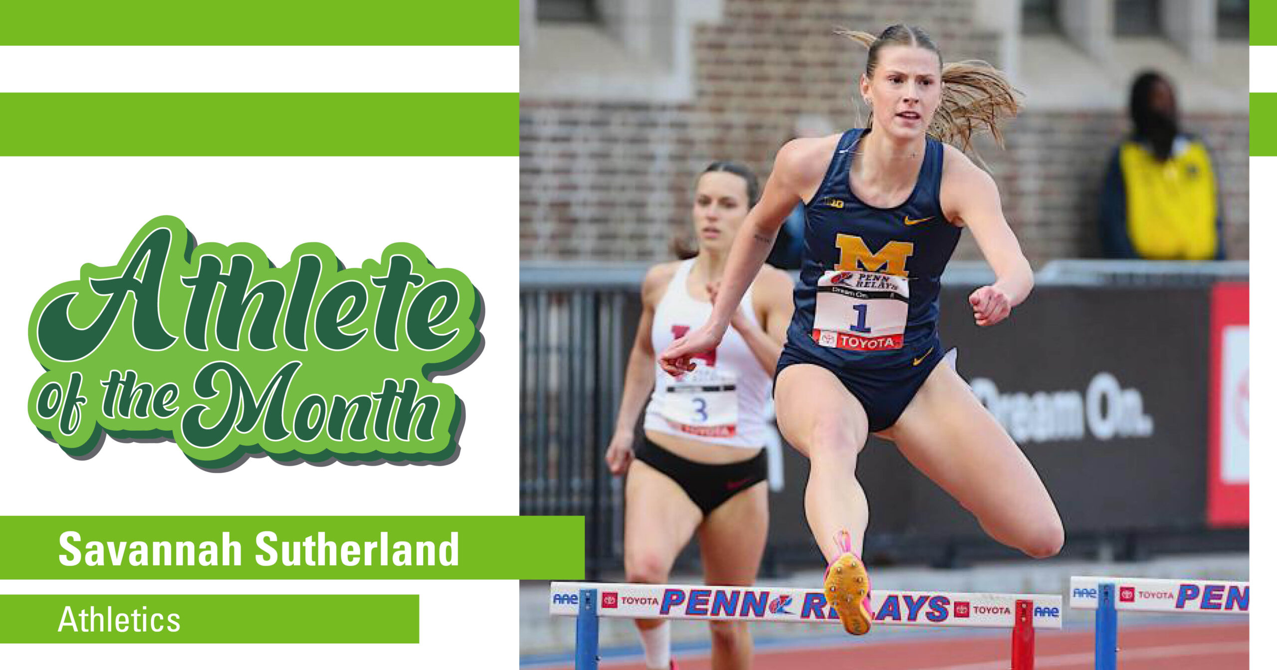 Savannah Sutherland jumps over hurdle in navy blue Michigan State University gear. Athlete of the Month graphic is on left side.