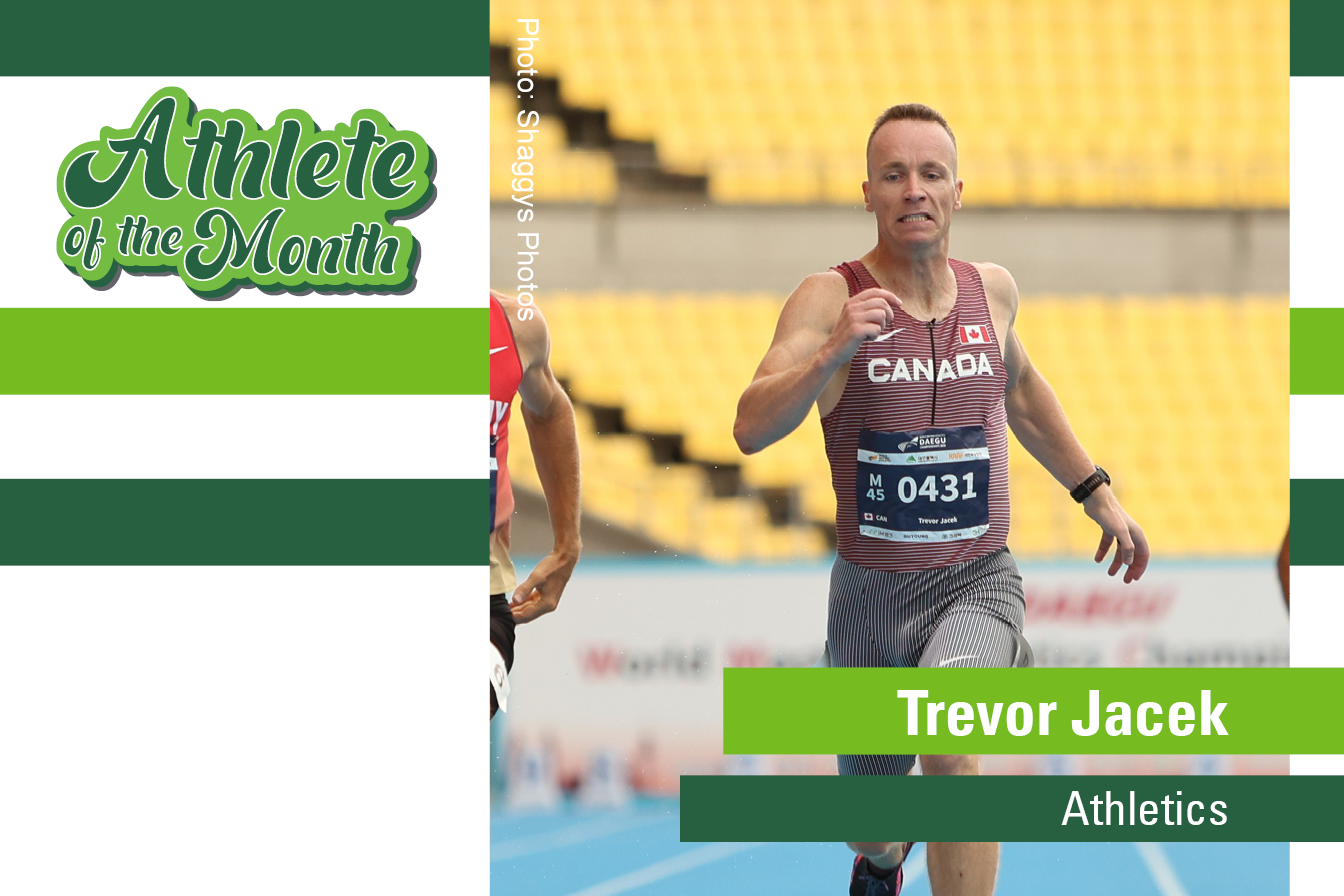 Athlete of the Month Graphic featuring a photo of Trevor Jacek sprinting on an indoor track in a Team Canada outfit.